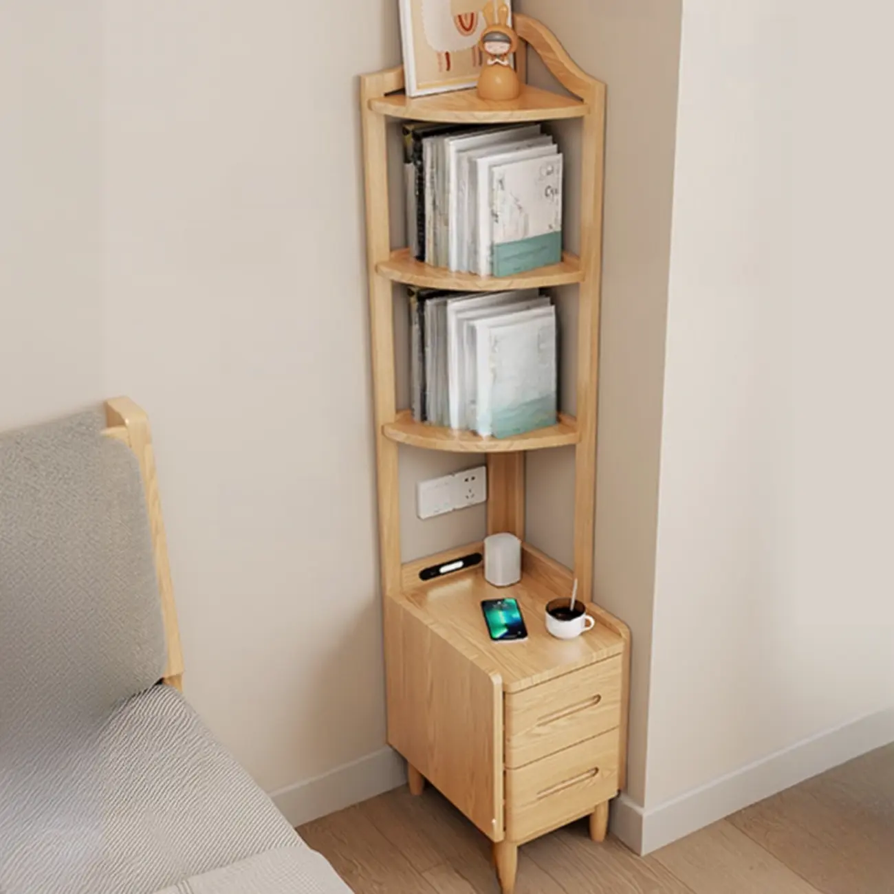 Tall Wooden Open Storage Narrow Nightstand with Drawers | homeyfad