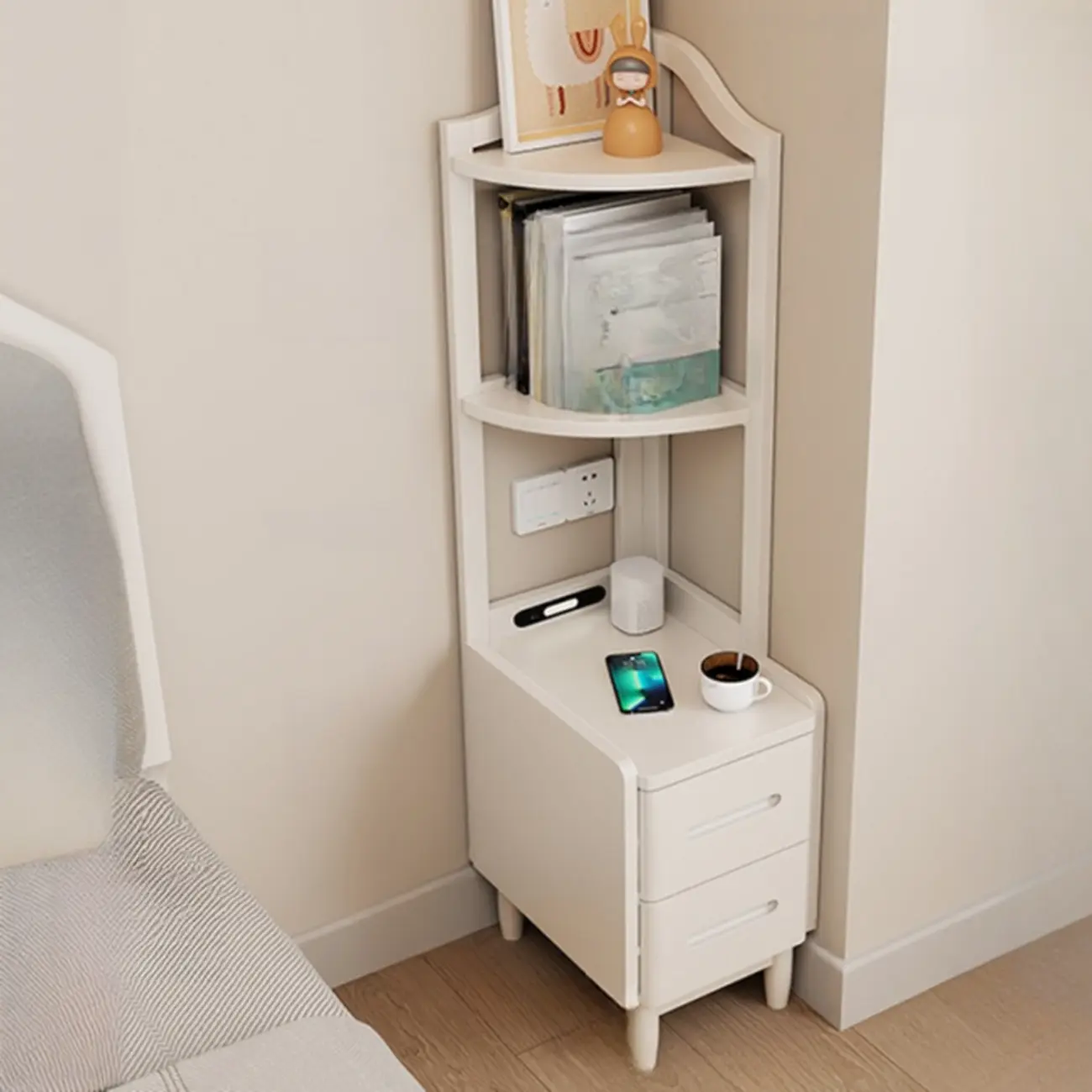 Tall Wooden Open Storage Narrow Nightstand with Drawers | homeyfad