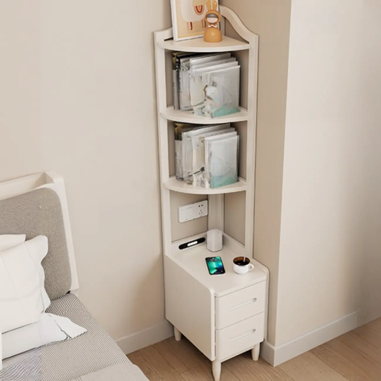 Tall Wooden Open Storage Narrow Nightstand with Drawers | homeyfad