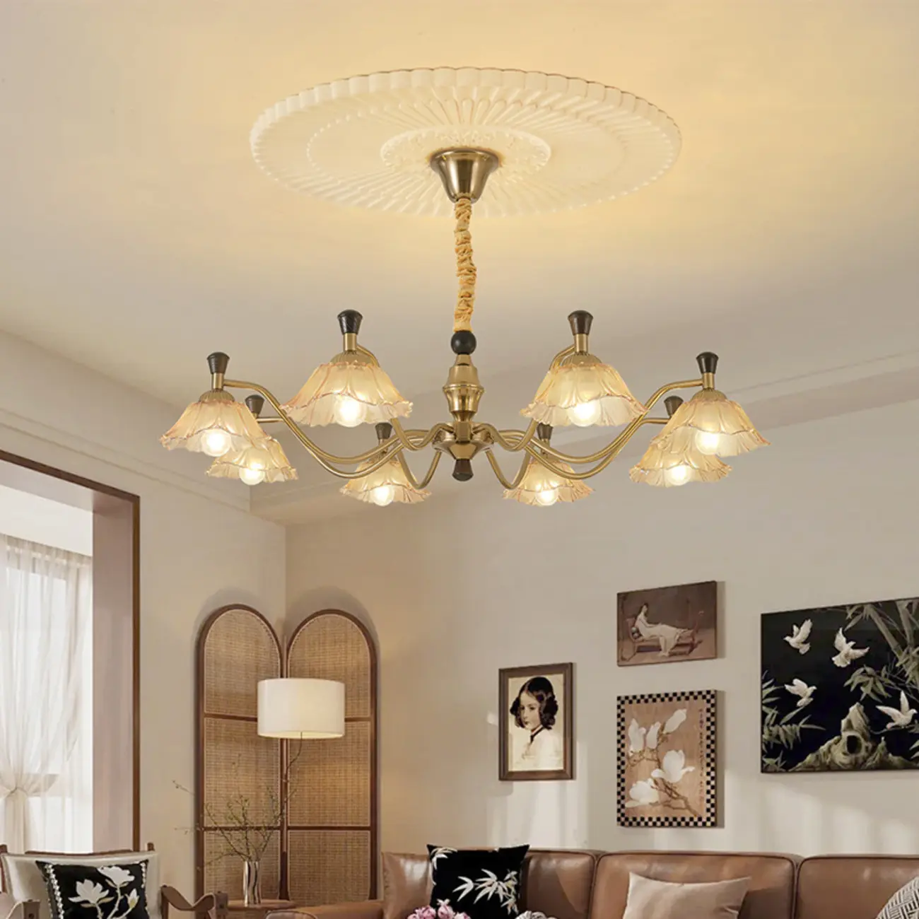 Modern Adjustable Gold Flower Glass Chandelier 6/8 Lights Image - 1 | homeyfad