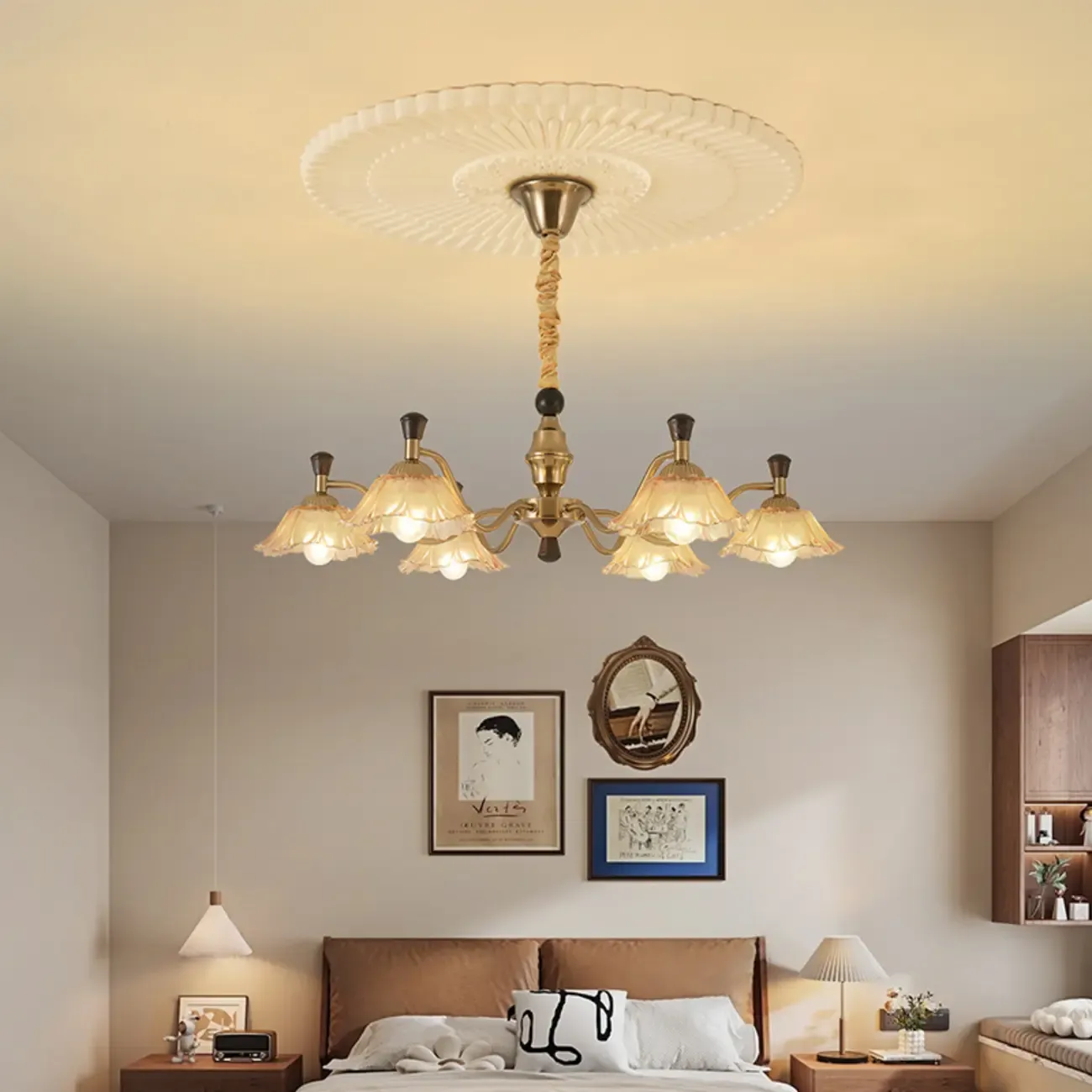 Modern Adjustable Gold Flower Glass Chandelier 6/8 Lights Image - 2