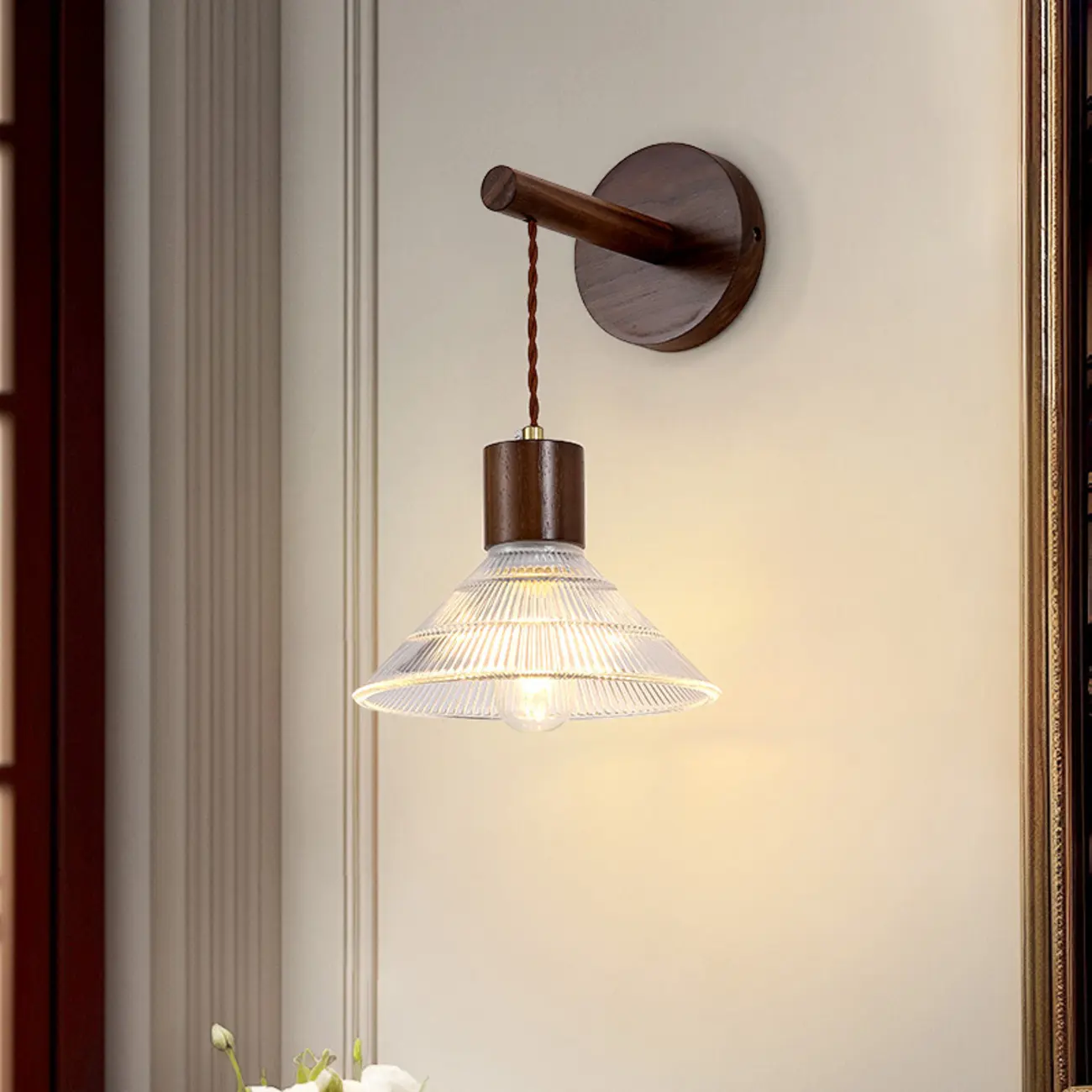 Modern Wood Wall Sconce with Glass Shade Image - 2 | homeyfad