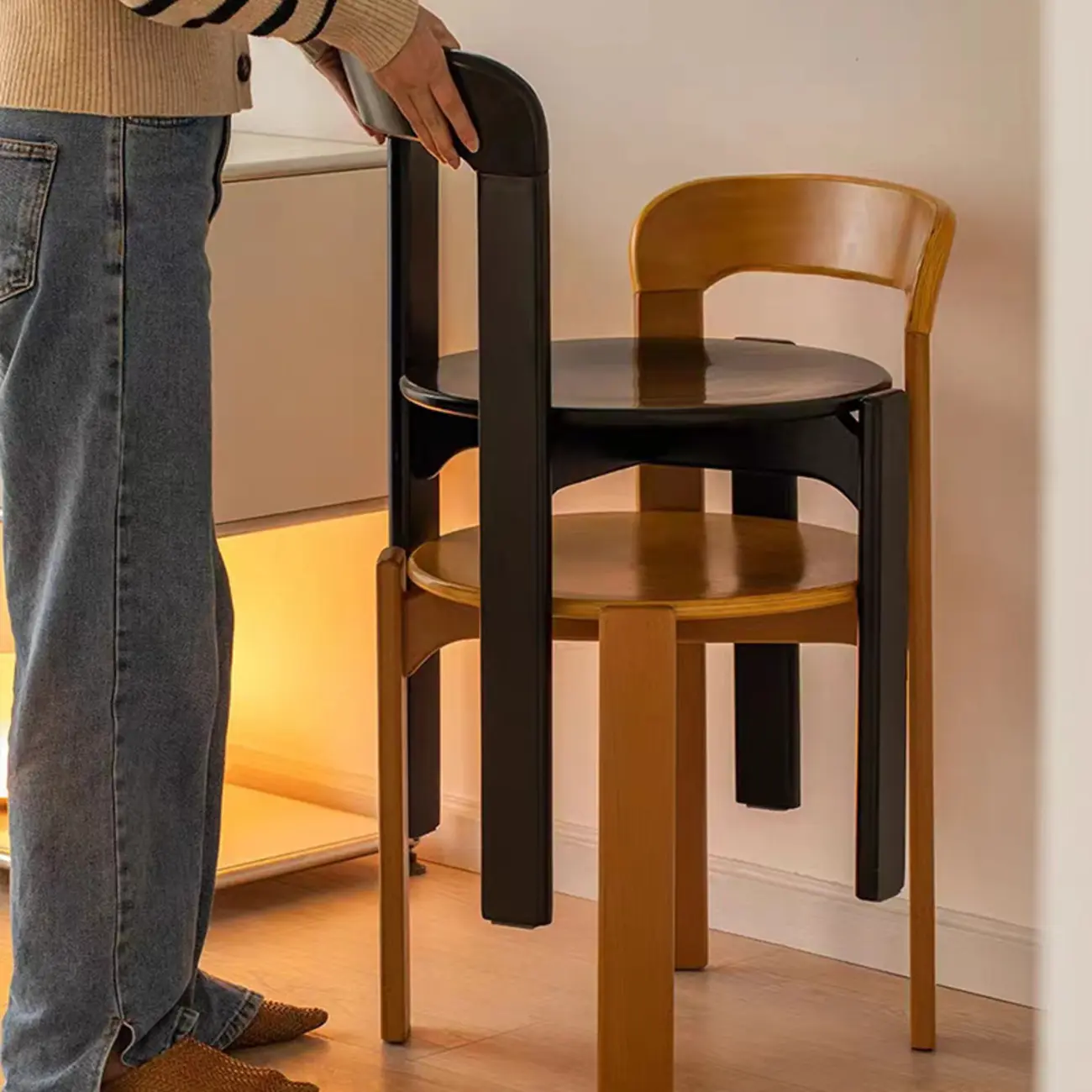 Scandinavian Wooden Stackable Dining Chair with Curved Back Image - 3 | homeyfad