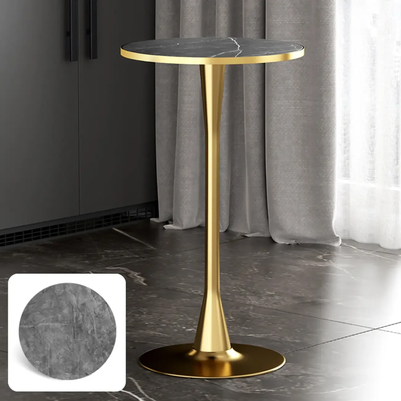 Modern Matte Black Metal Pedestal Round Wood Bar Tables Image - 4
