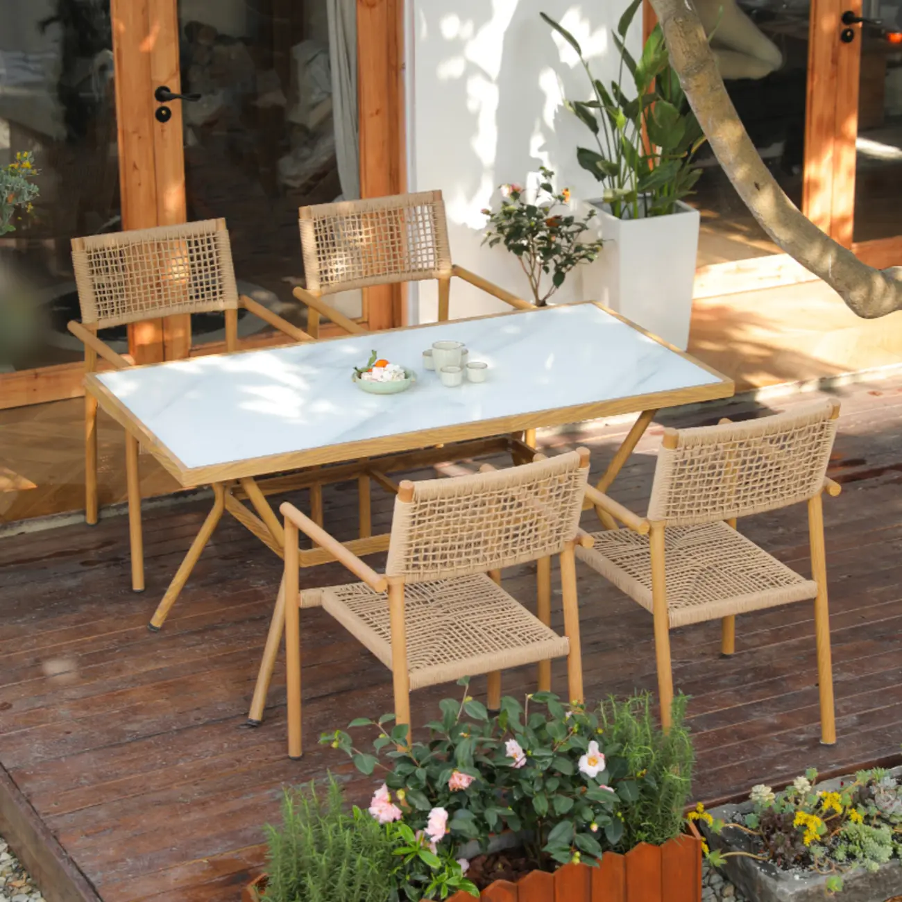 5 Piece Rectangualr Wicker Resin Outdoor Dining Set Image - 1 | homeyfad