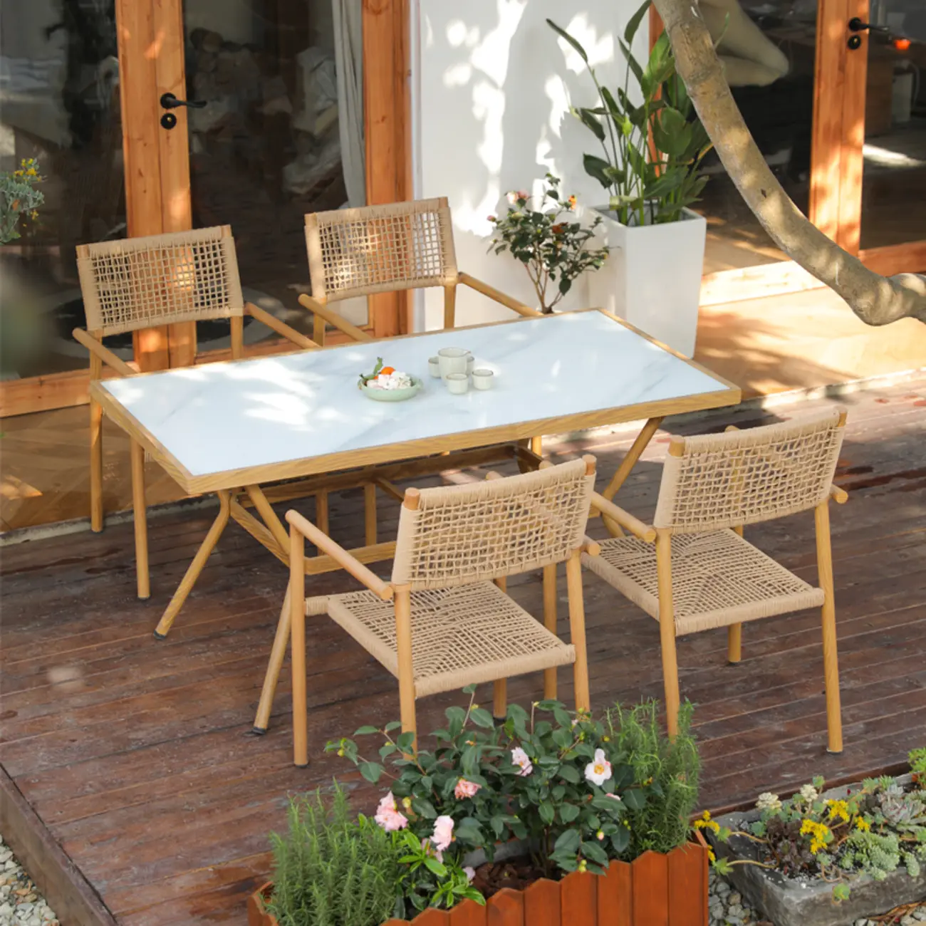 5 Piece Rectangualr Wicker Resin Outdoor Dining Set Image - 2 | homeyfad