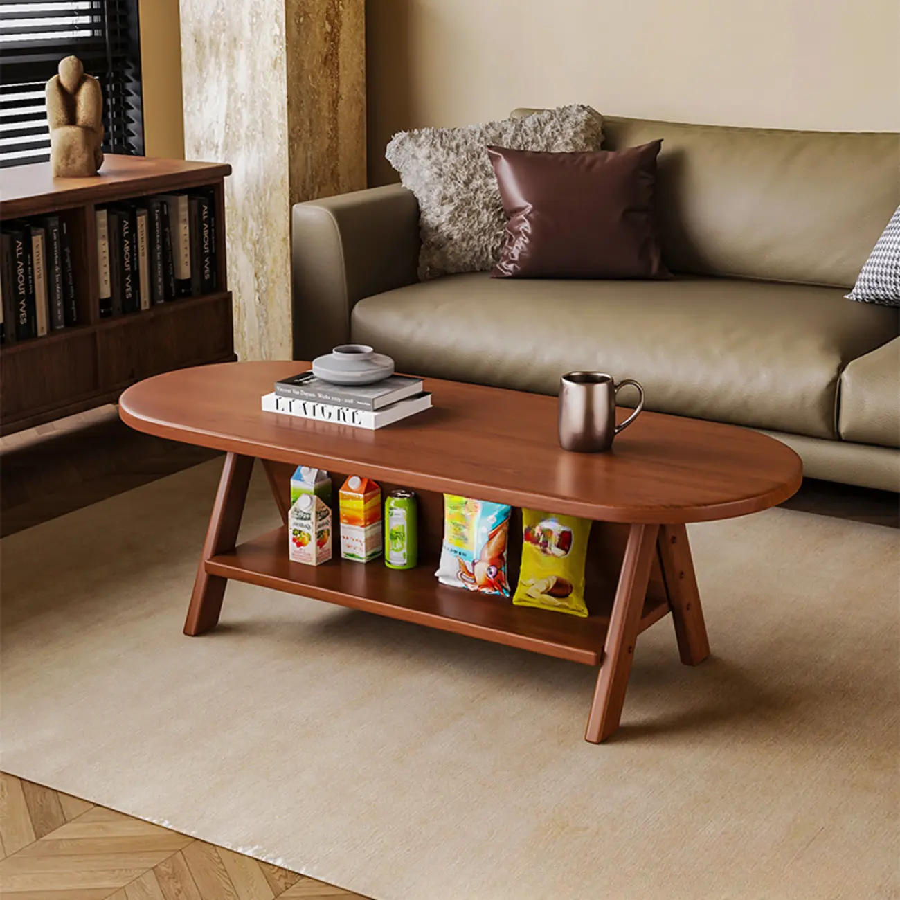 Oval Coffee Table with Open Storage Shelf and Wood Frame Image - 1 | homeyfad