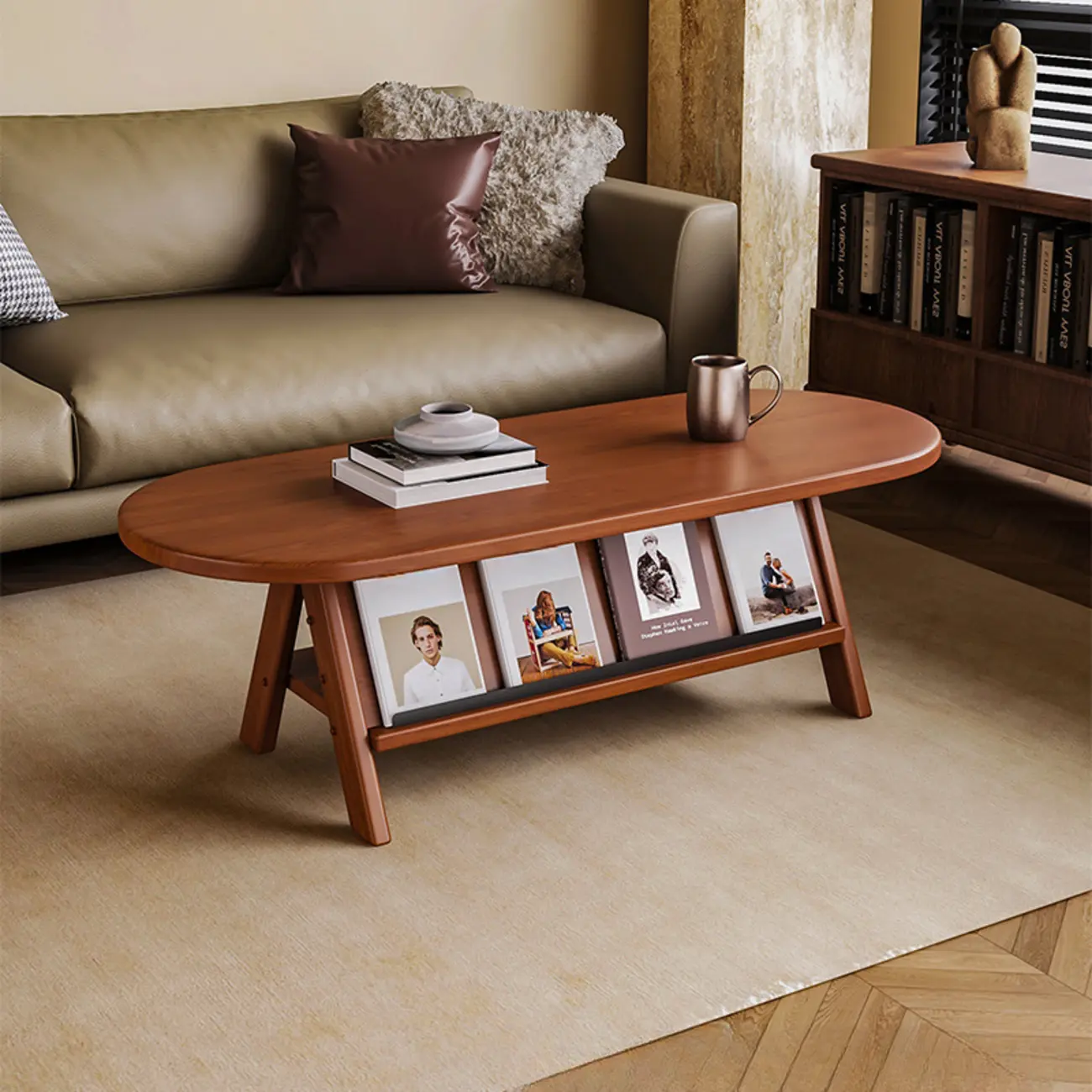 Oval Coffee Table with Open Storage Shelf and Wood Frame Image - 3 | homeyfad