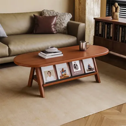Oval Coffee Table with Open Storage Shelf and Wood Frame Image - 3