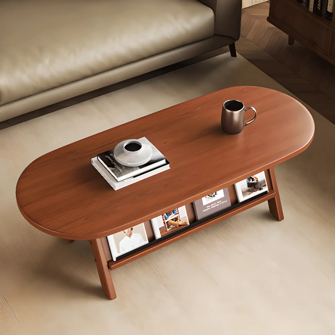 Oval Coffee Table with Open Storage Shelf and Wood Frame Image - 5 | homeyfad