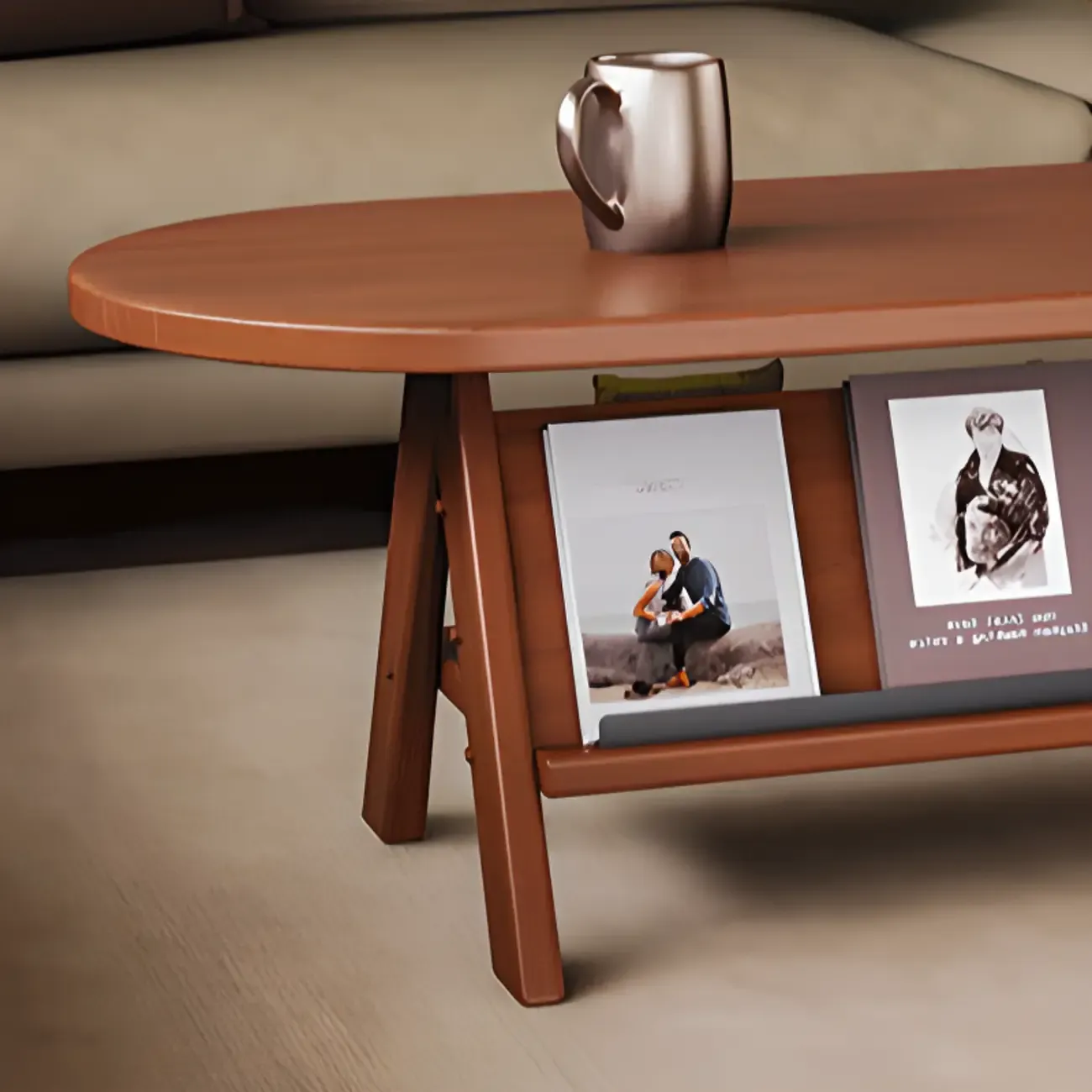 Oval Coffee Table with Open Storage Shelf and Wood Frame Image - 8
