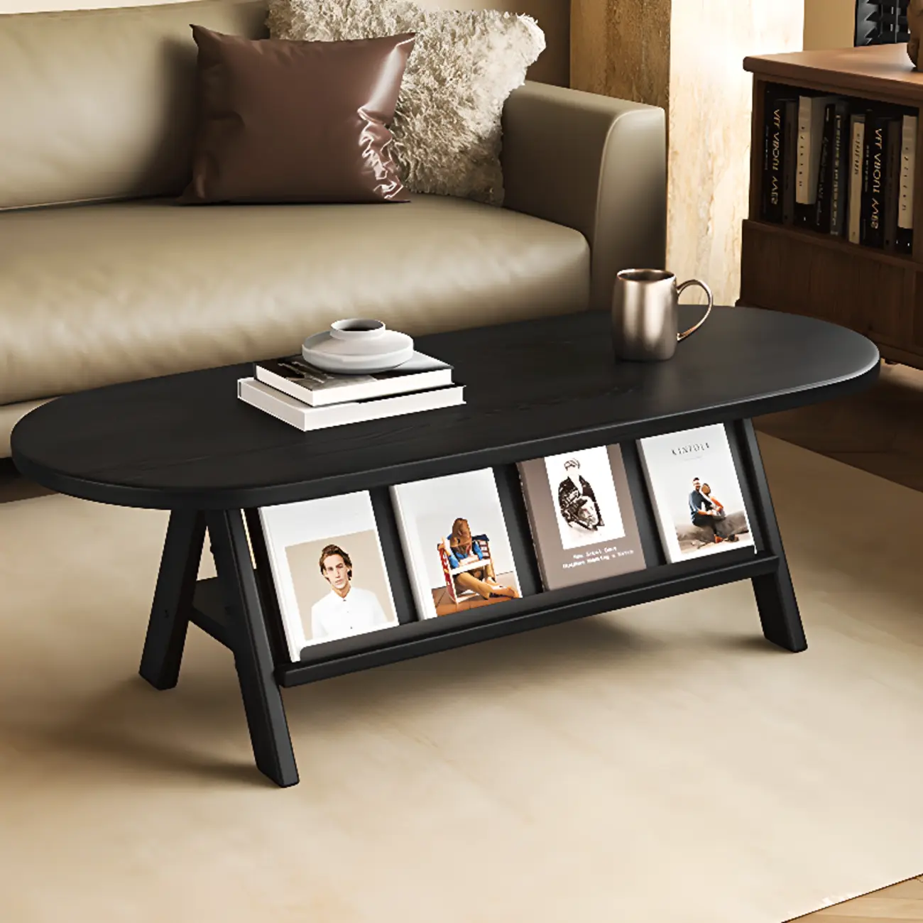 Oval Coffee Table with Open Storage Shelf and Wood Frame Image - 6 | homeyfad