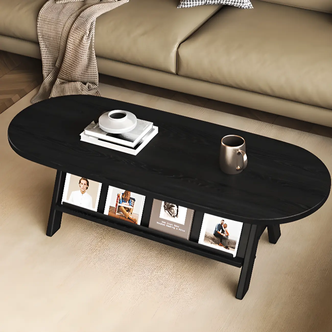 Oval Coffee Table with Open Storage Shelf and Wood Frame Image - 2 | homeyfad