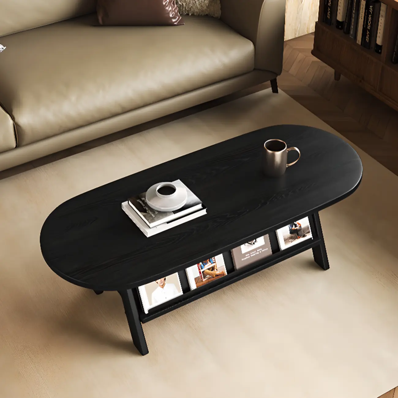 Oval Coffee Table with Open Storage Shelf and Wood Frame Image - 7 | homeyfad
