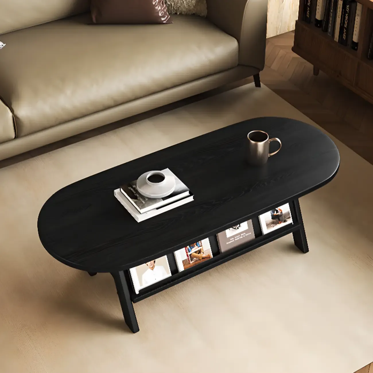 Oval Coffee Table with Open Storage Shelf and Wood Frame Image - 7