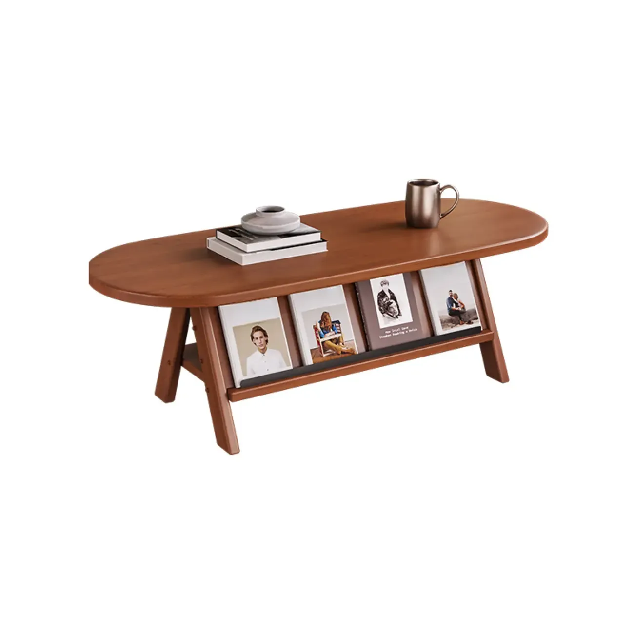 Oval Coffee Table with Open Storage Shelf and Wood Frame Image - 13