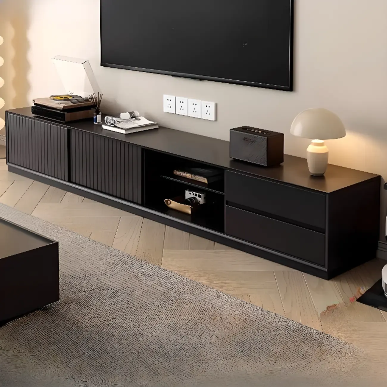 Long Modern Wooden Black TV Stand with Cabinets & Shelves Image - 1