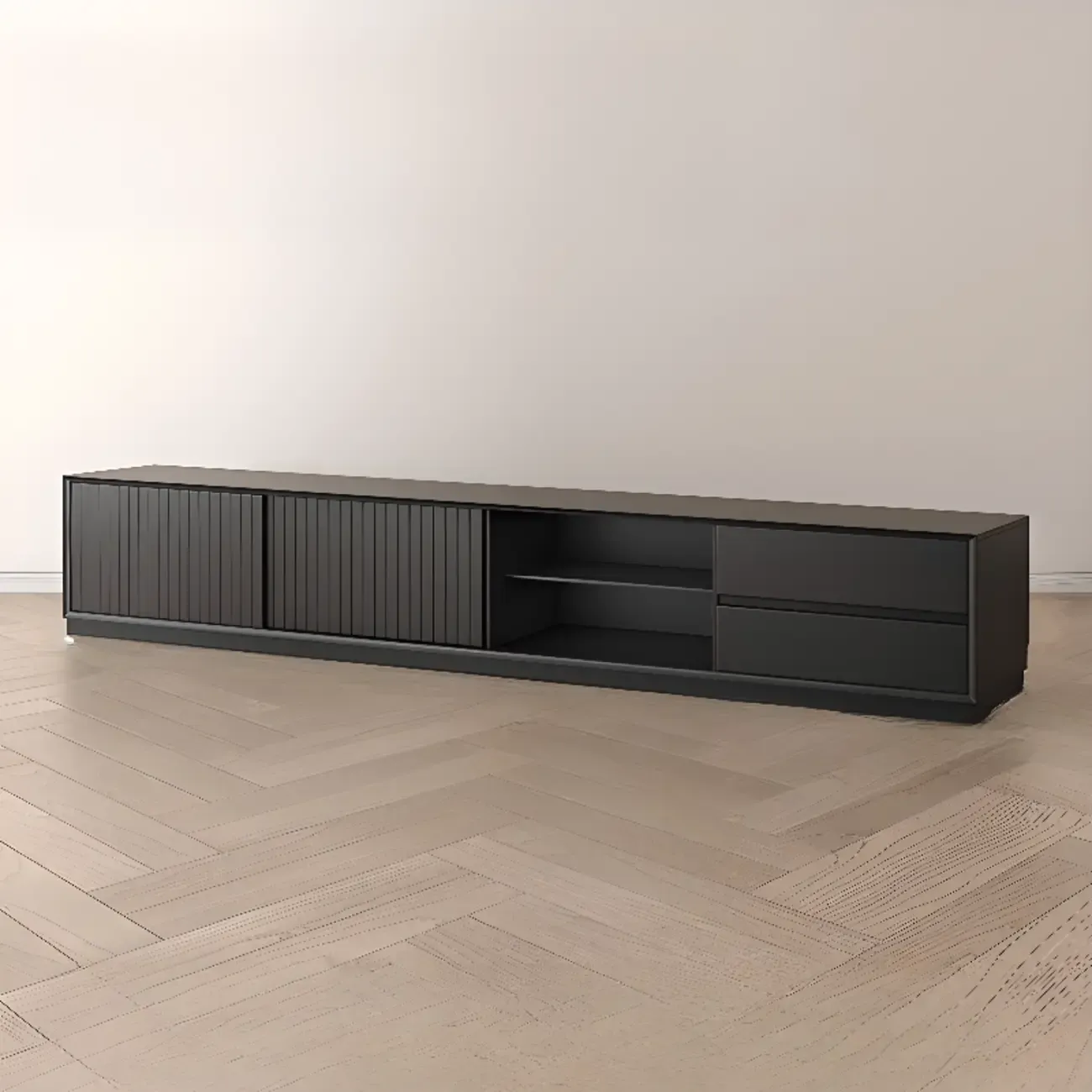 Long Modern Wooden Black TV Stand with Cabinets & Shelves Image - 4