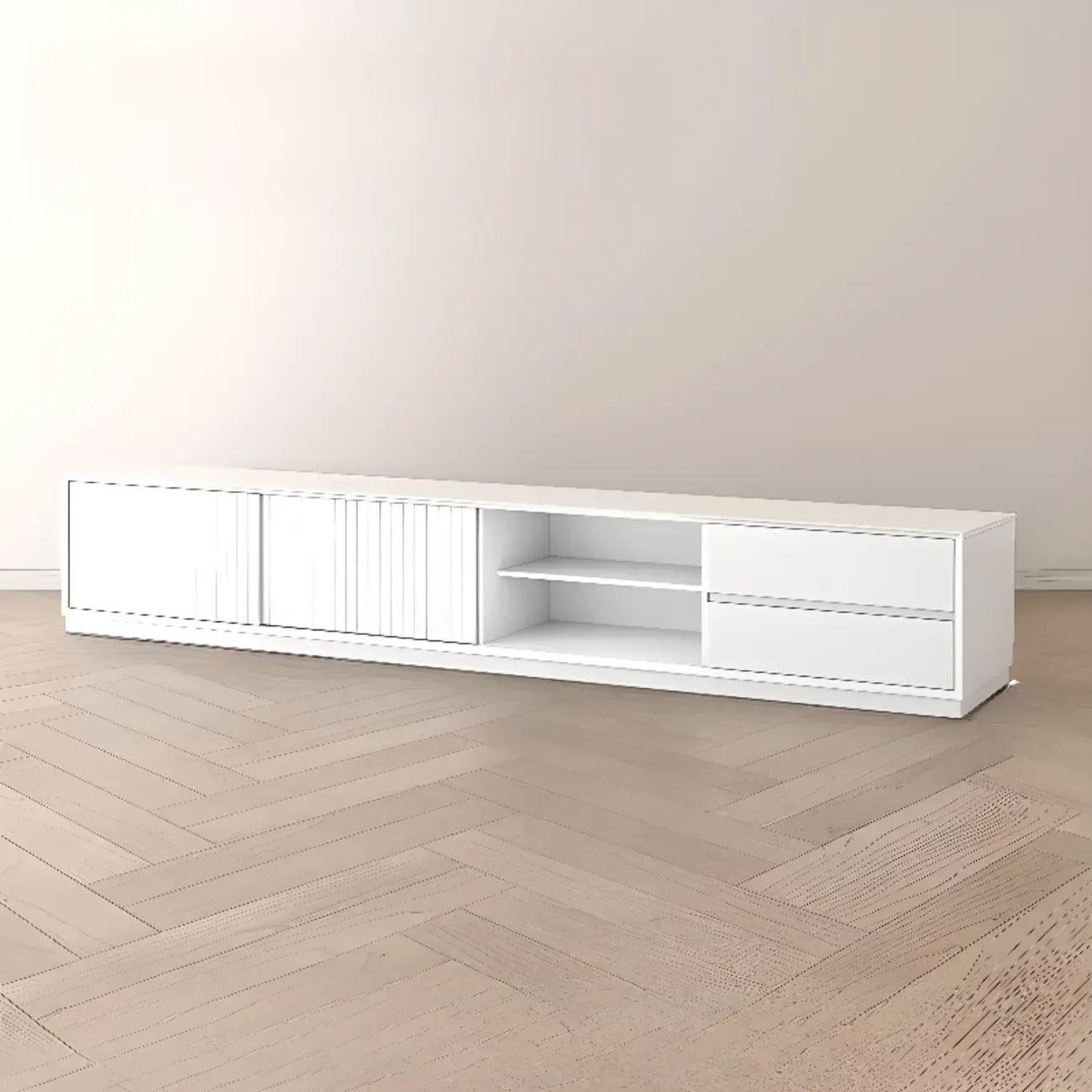 Long Modern Wooden Black TV Stand with Cabinets & Shelves Image - 6