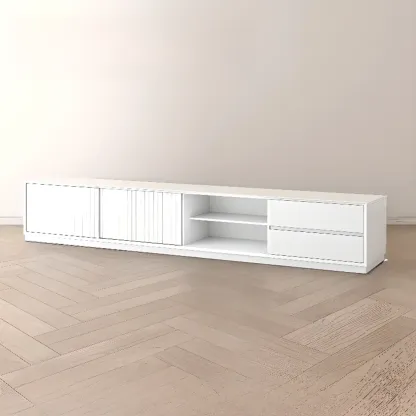 Long Modern Wooden Black TV Stand with Cabinets & Shelves Image - 6