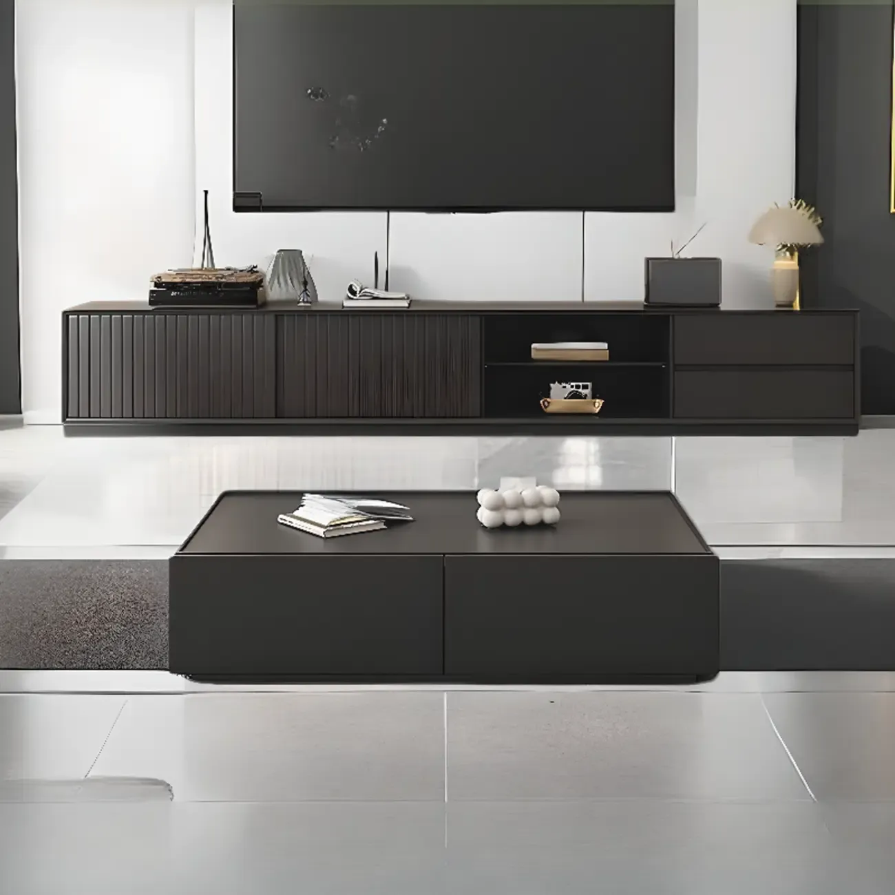Long Modern Wooden Black TV Stand with Cabinets & Shelves Image - 7