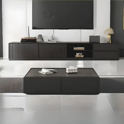 Long Modern Wooden Black TV Stand with Cabinets & Shelves Image - 7