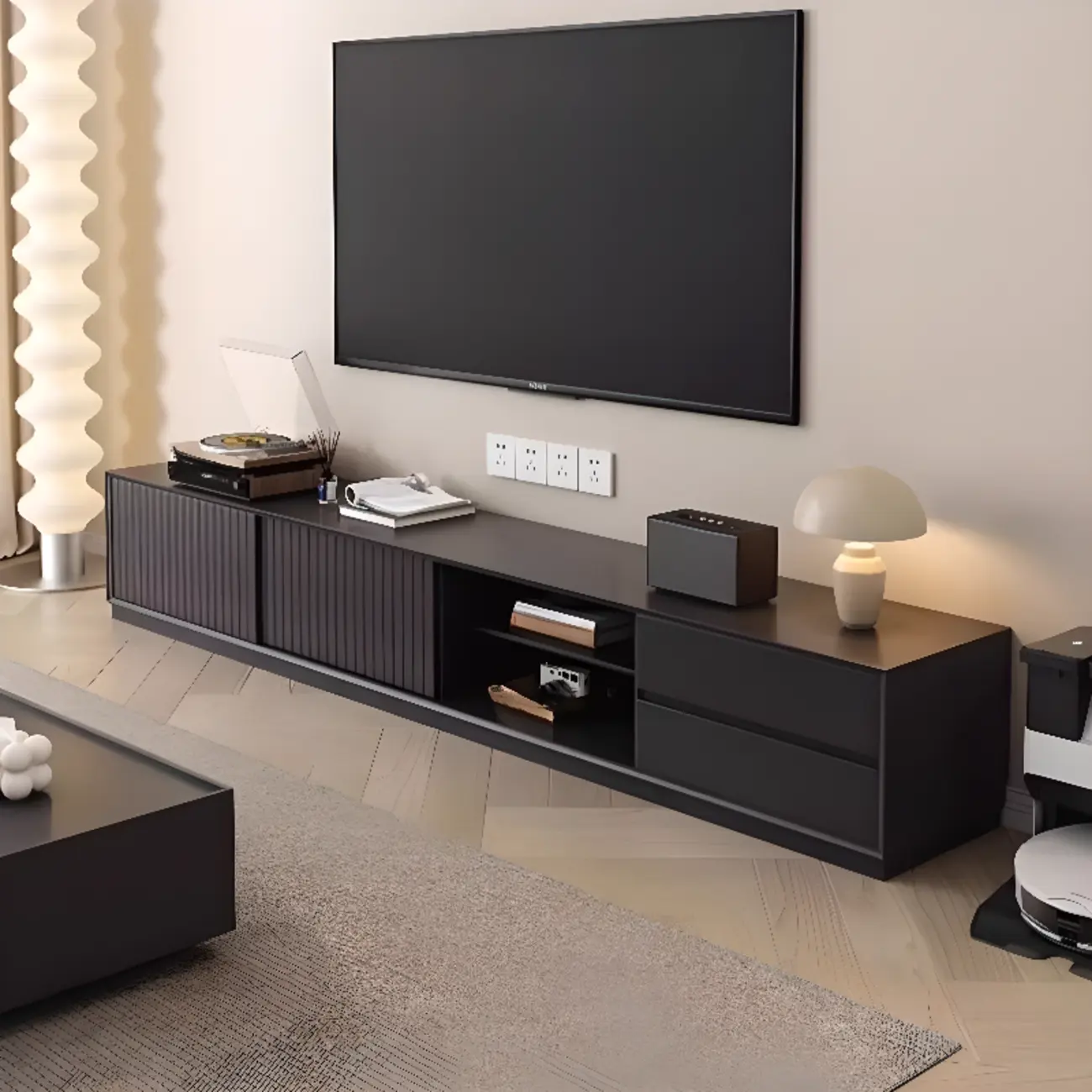 Long Modern Wooden Black TV Stand with Cabinets & Shelves Image - 3 | homeyfad
