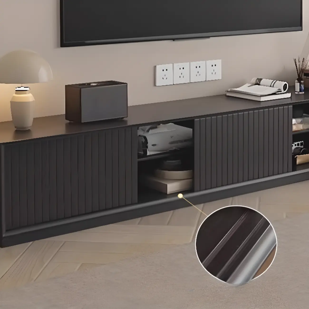 Long Modern Wooden Black TV Stand with Cabinets & Shelves Image - 2 | homeyfad