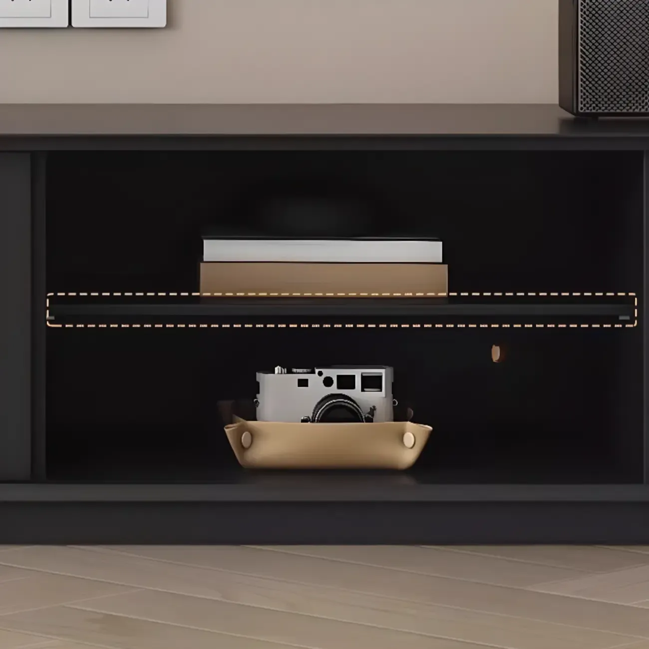 Long Modern Wooden Black TV Stand with Cabinets & Shelves Image - 9