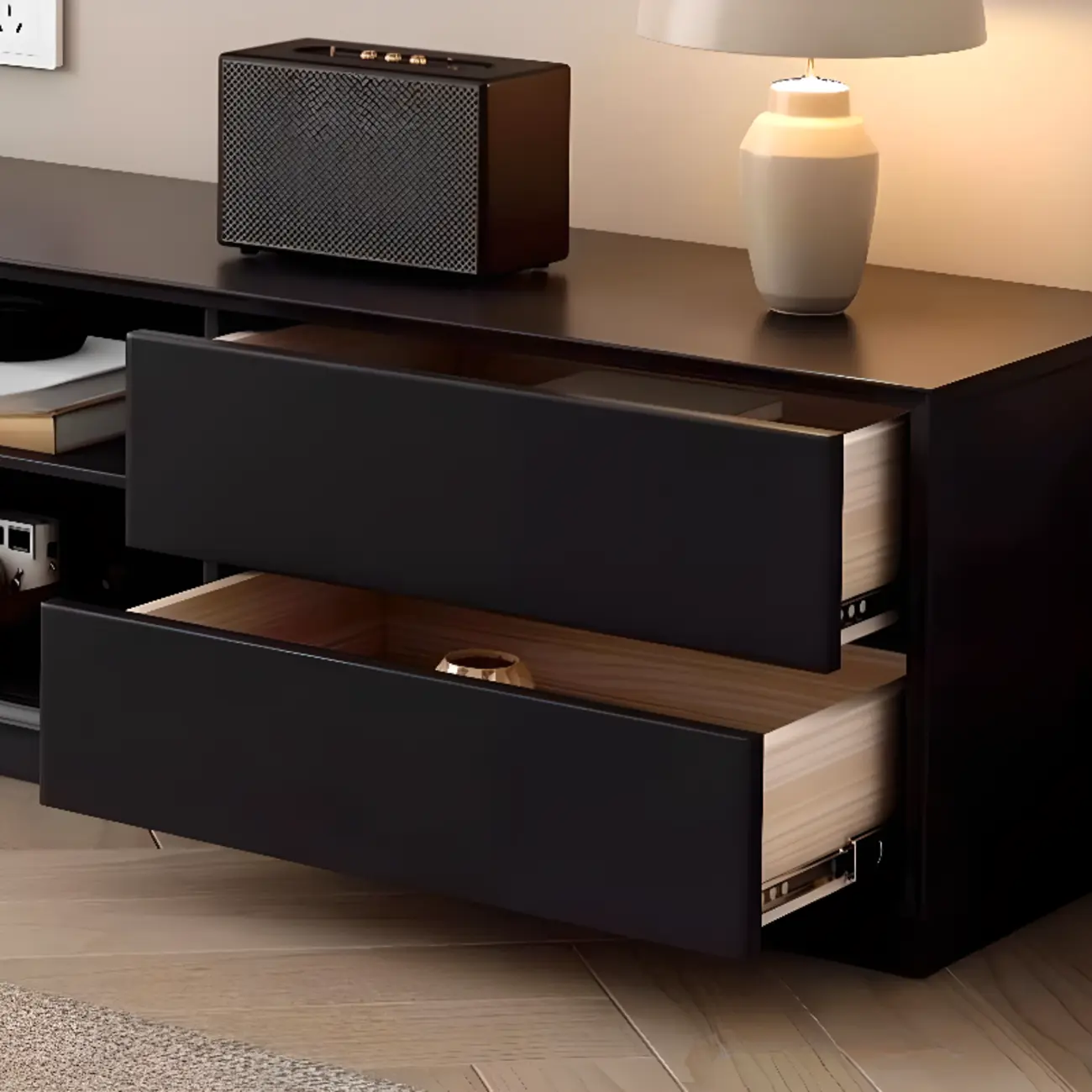 Long Modern Wooden Black TV Stand with Cabinets & Shelves Image - 5 | homeyfad