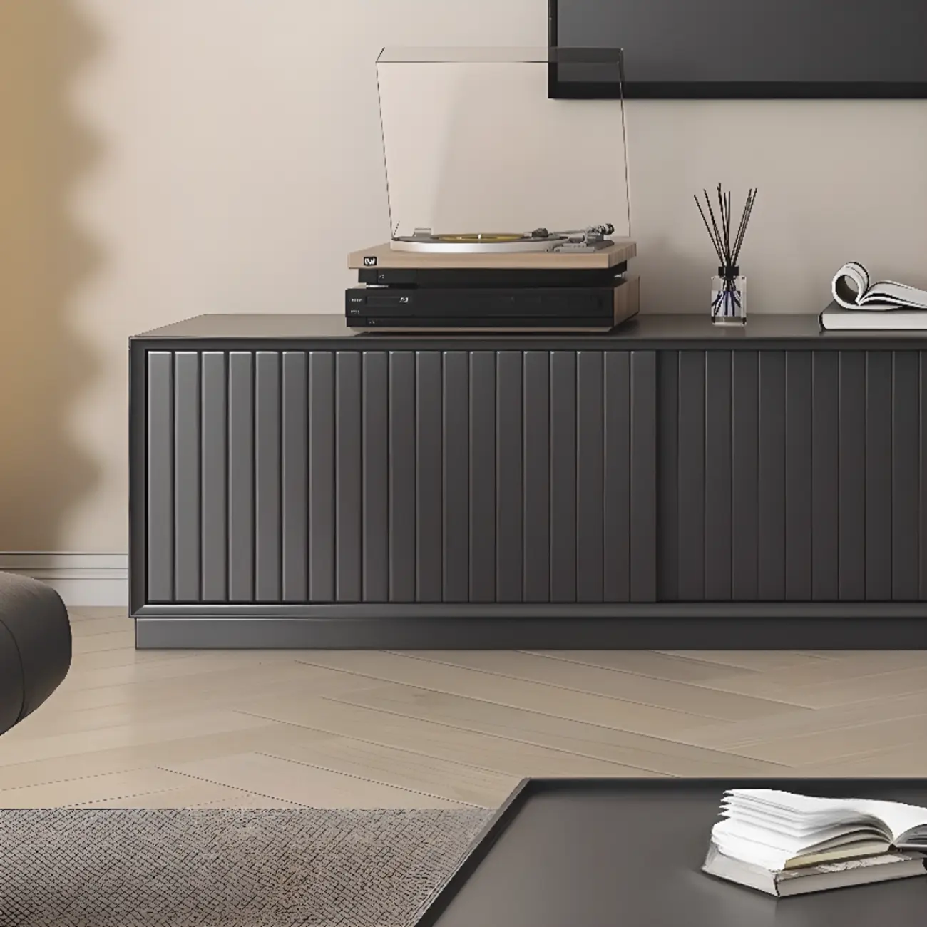 Long Modern Wooden Black TV Stand with Cabinets & Shelves Image - 10 | homeyfad