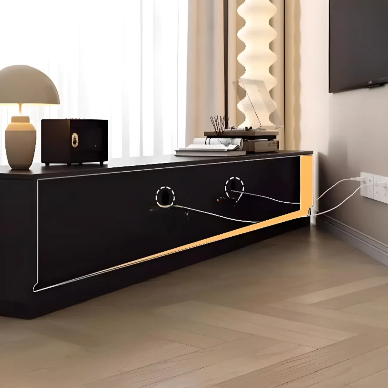 Long Modern Wooden Black TV Stand with Cabinets & Shelves Image - 11