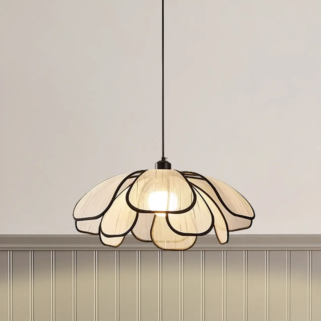 Adjustable Fabric Beige Geometric Pendant Light for Kitchen Image - 1