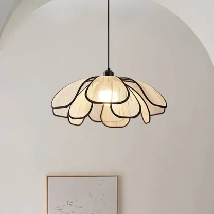 Adjustable Fabric Beige Geometric Pendant Light for Kitchen Image - 3