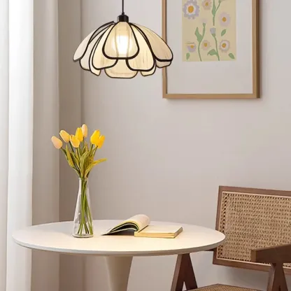 Adjustable Fabric Beige Geometric Pendant Light for Kitchen Image - 2