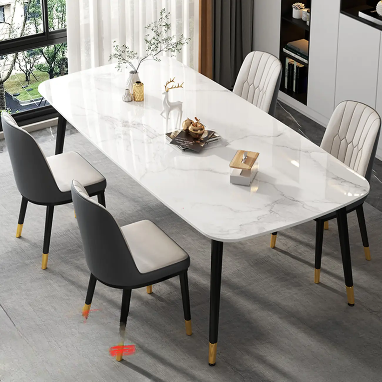 Modern Iron Base Gray Marble Rectangular Dining Table Image - 1 | homeyfad