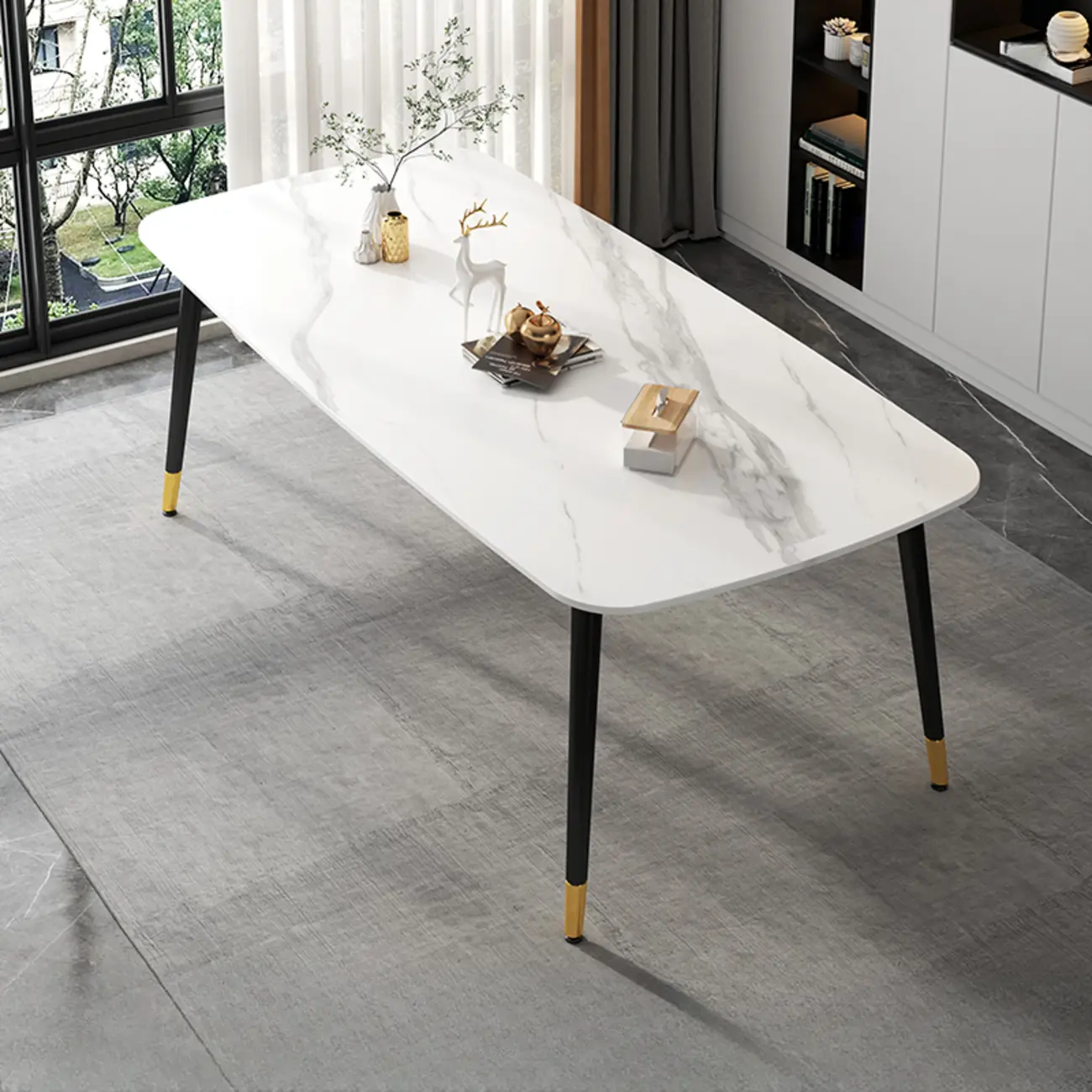 Modern Iron Base Gray Marble Rectangular Dining Table Image - 2 | homeyfad