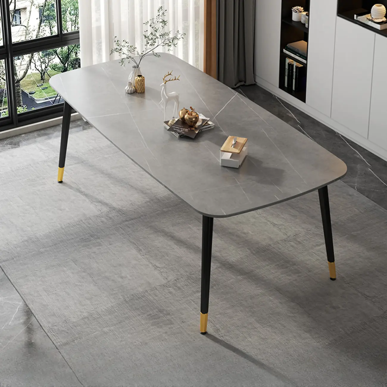 Modern Iron Base Gray Marble Rectangular Dining Table Image - 3 | homeyfad