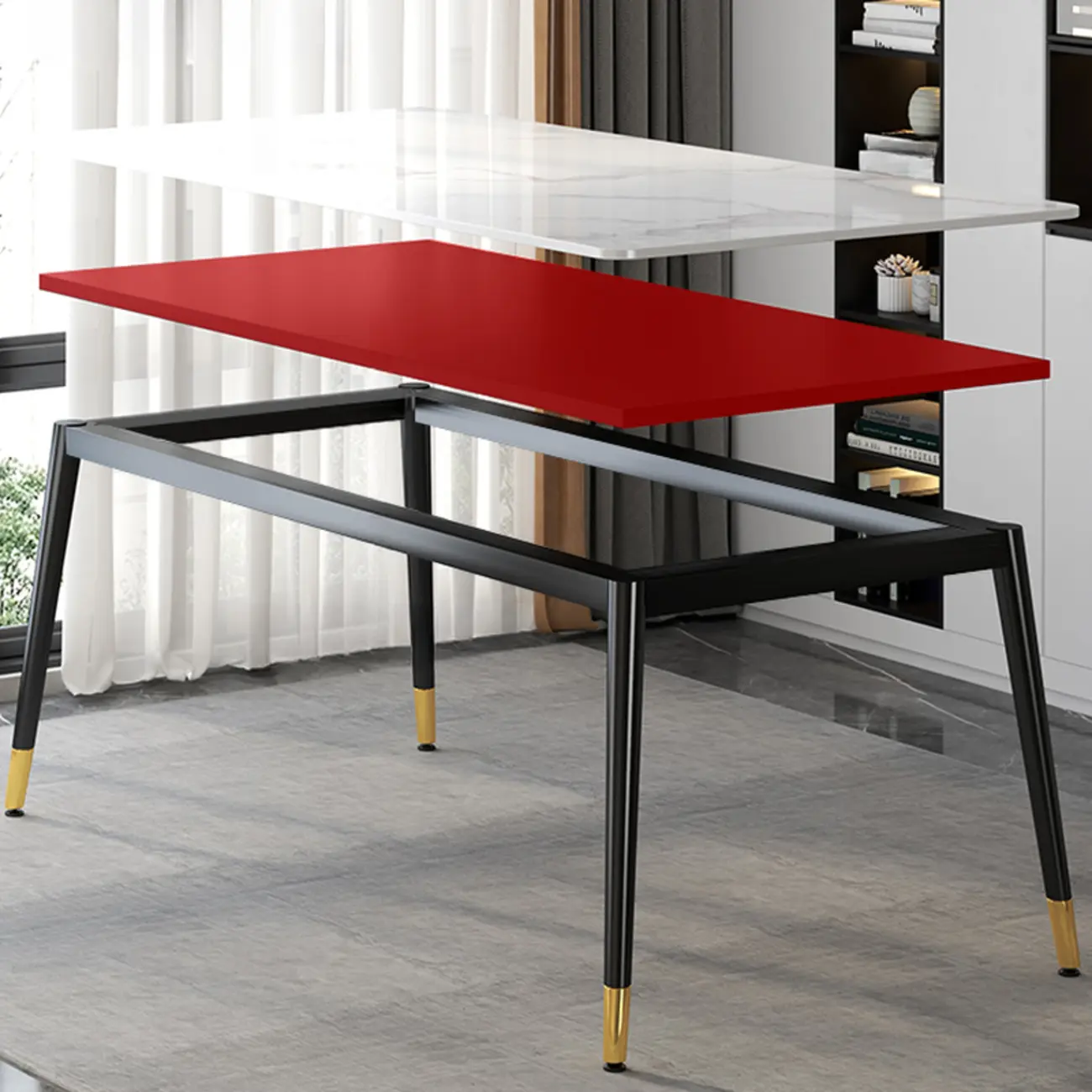 Modern Iron Base Gray Marble Rectangular Dining Table Image - 4 | homeyfad