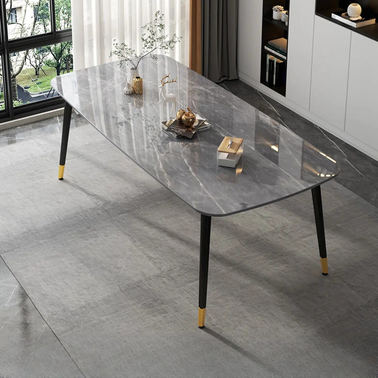Modern Iron Base Gray Marble Rectangular Dining Table Image - 5 | homeyfad