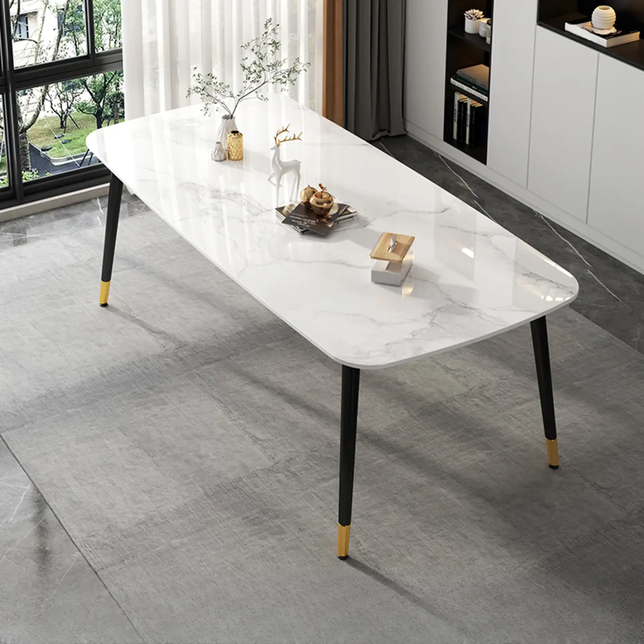 Modern Iron Base Gray Marble Rectangular Dining Table Image - 7 | homeyfad