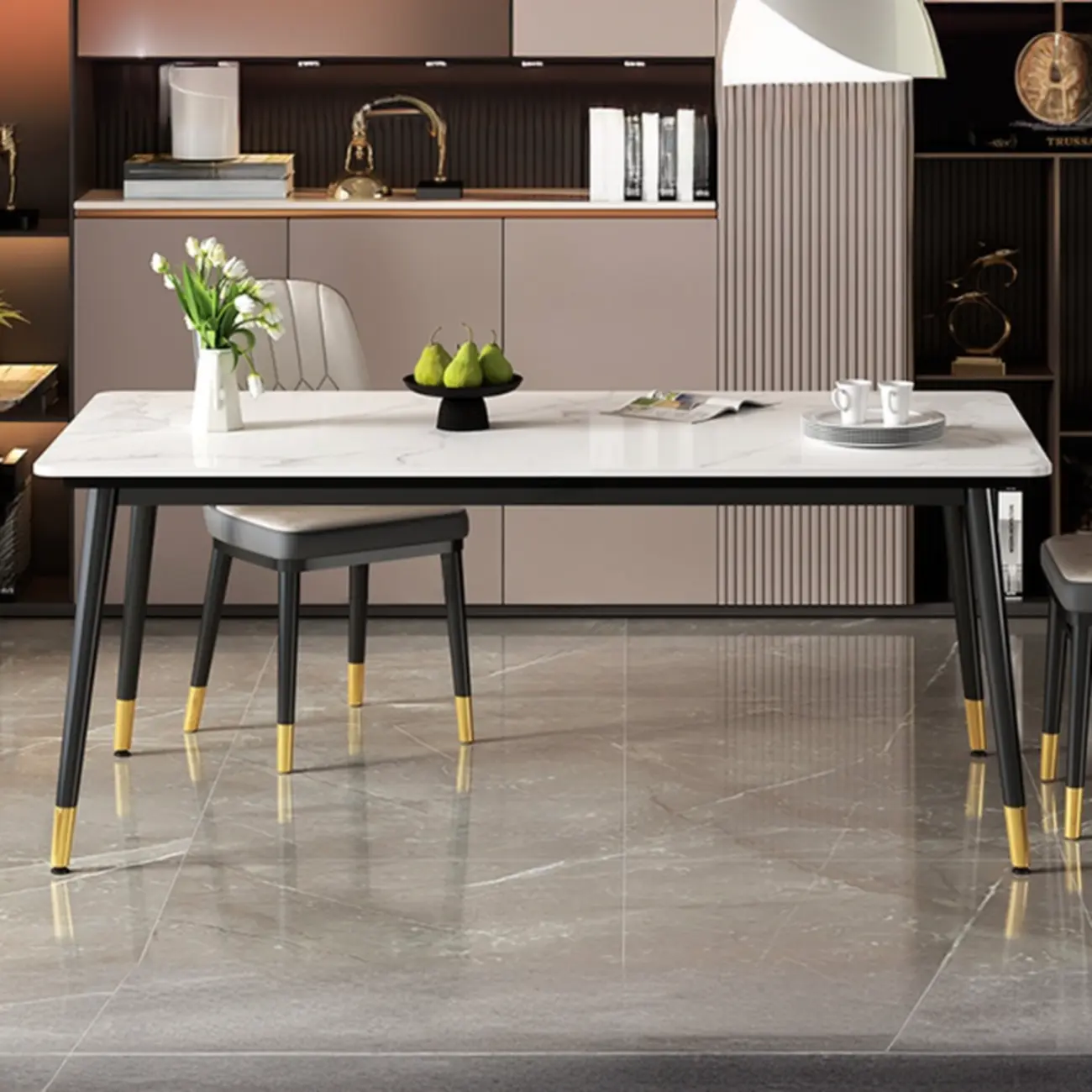 Modern Iron Base Gray Marble Rectangular Dining Table Image - 8 | homeyfad