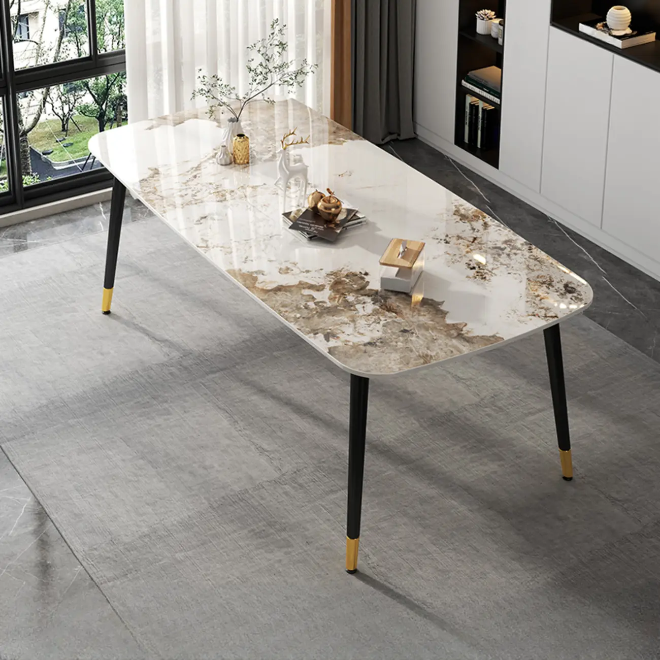 Modern Iron Base Gray Marble Rectangular Dining Table Image - 9 | homeyfad