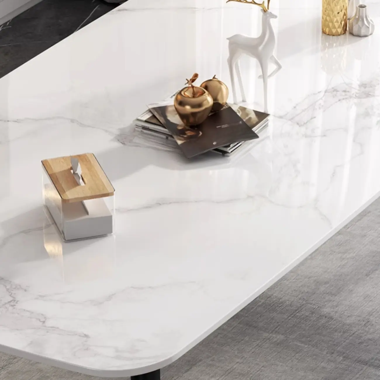 Modern Iron Base Gray Marble Rectangular Dining Table Image - 10 | homeyfad