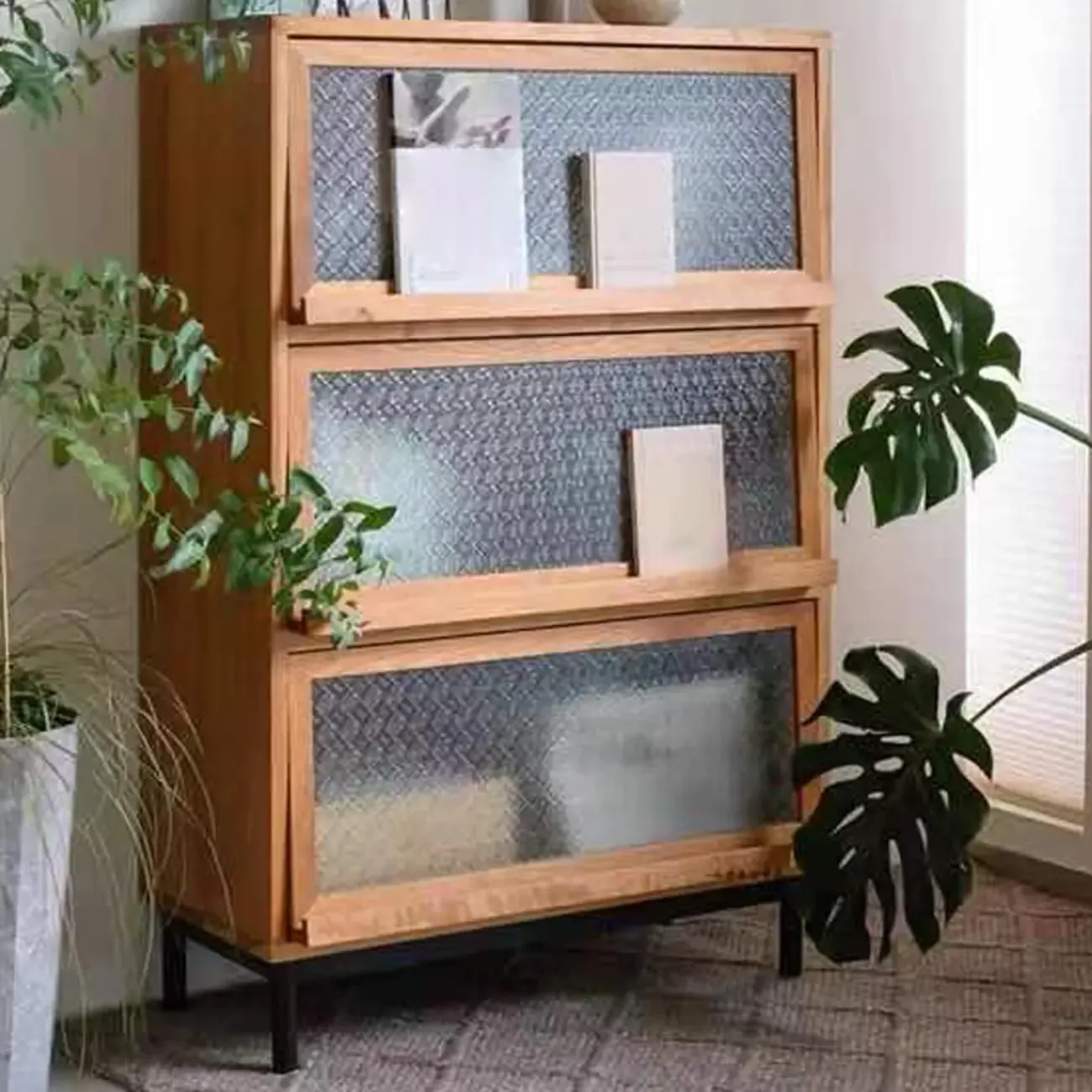 Rustic Natural Rectangle Wood Frosted Glass Storage Chests Image - 1