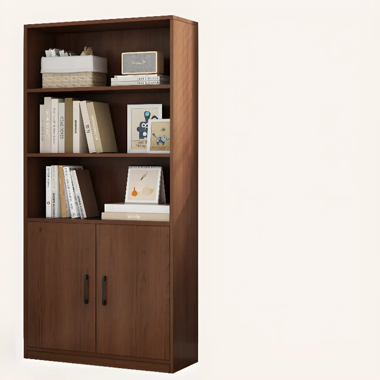 Narrow Modern Nut-Brown Wooden 3-Shelf Bookcase with Cabinet Image - 10