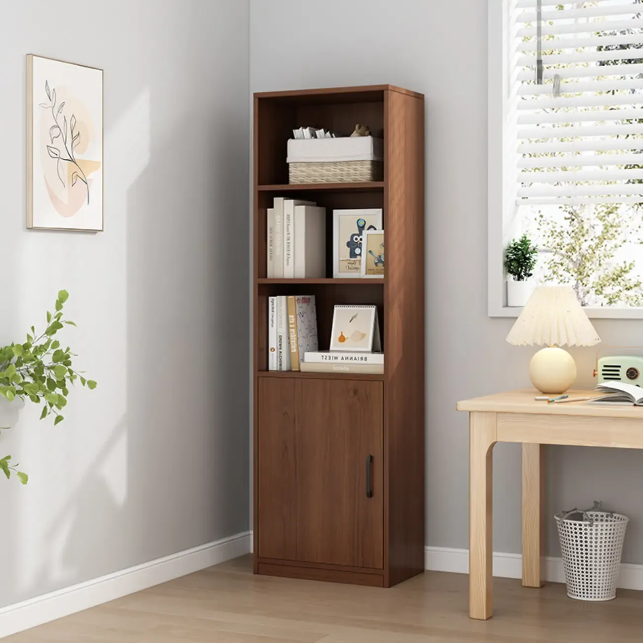 Narrow Modern Nut-Brown Wooden 3-Shelf Bookcase with Cabinet Image - 1