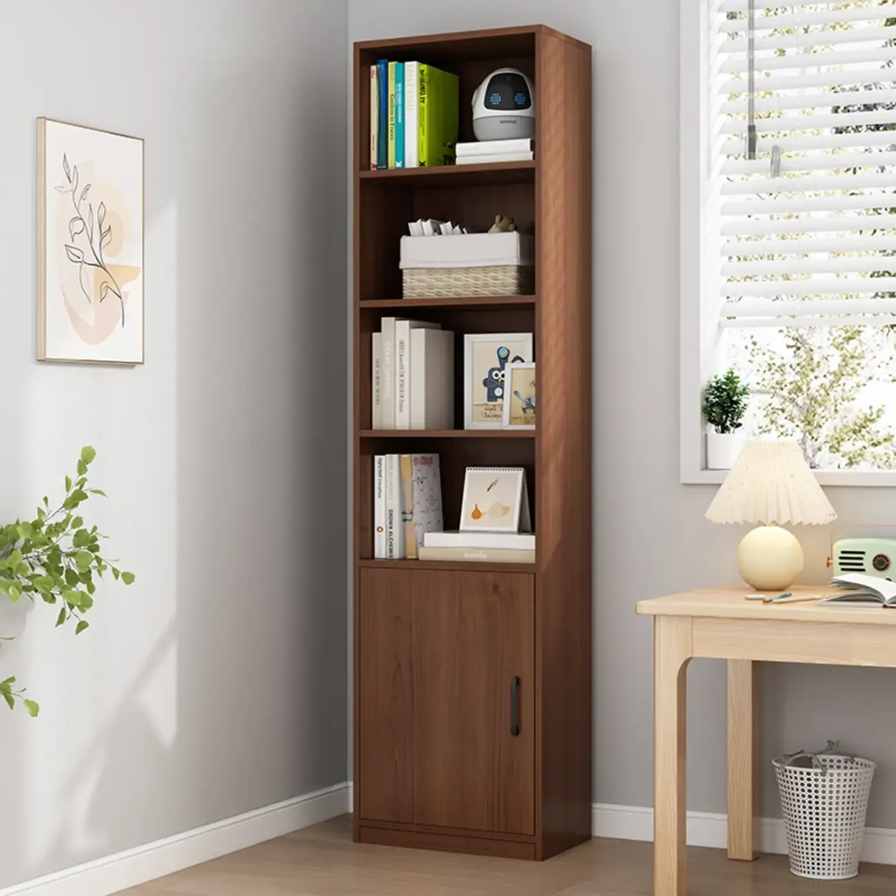 Narrow Modern Nut-Brown Wooden 3-Shelf Bookcase with Cabinet Image - 3