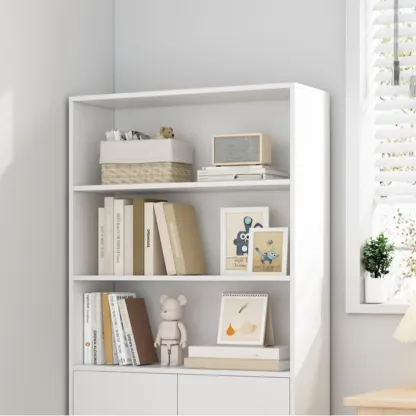 Narrow Modern Nut-Brown Wooden 3-Shelf Bookcase with Cabinet Image - 5