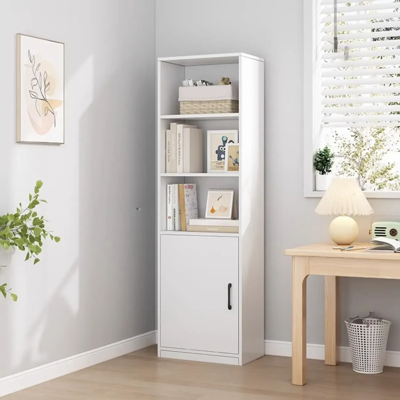 Narrow Modern Nut-Brown Wooden 3-Shelf Bookcase with Cabinet Image - 6